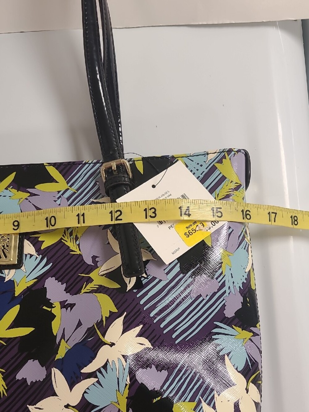 Anne Klein NWT Black Patent Floral Tote with Lavender and Lime Accents - Picture 8 of 14